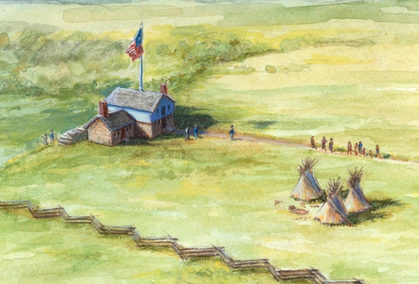 Indian Agency Council House, 1835-37.Painting by David Geister, 2012.Historic Fort Snelling collections: http://www.historicfortsnelling.org/history/american-indians/us-indian-agency