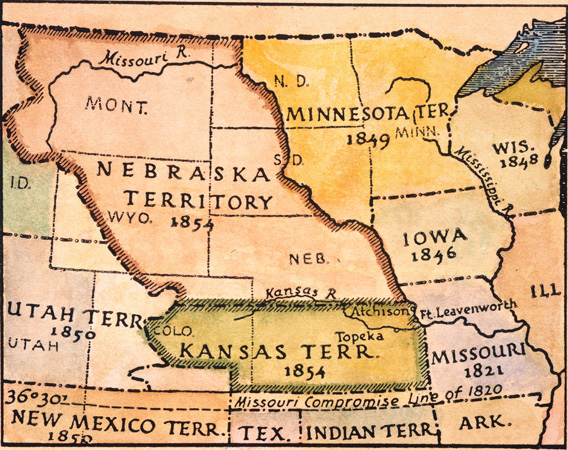KANSAS-NEBRASKA MAP, 1854. The Kansas and Nebraska territories as they appeared in an 1854 American map.
