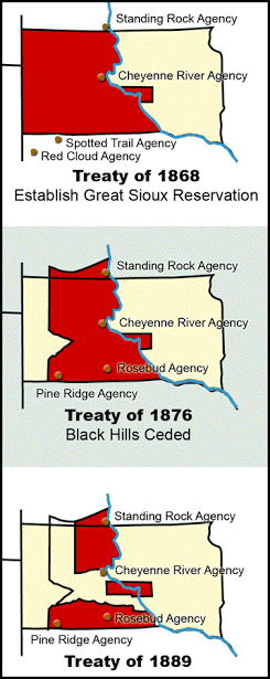 Maps showing how various treaty violations resulted in more and more land being stolen from the Natives 
