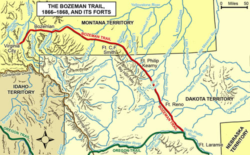 The Bozeman Trail and its Forts, 1866–1868. (Map by Cassie Theurer, adapted from Prucha, Atlas of American Indian Affairs, 1990, page 128)